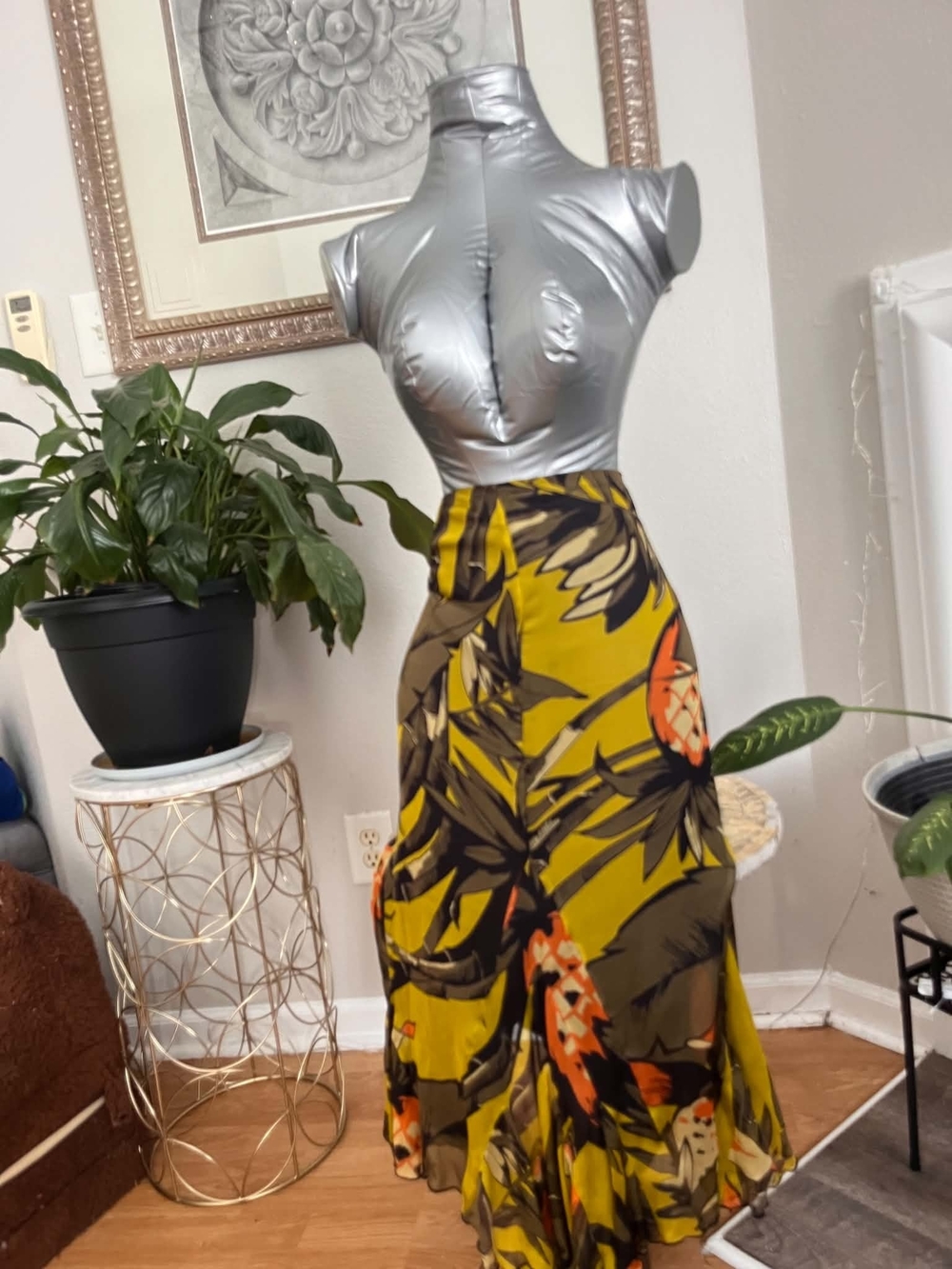 High-Waist Yellow Tropical-Print Midi Skirt